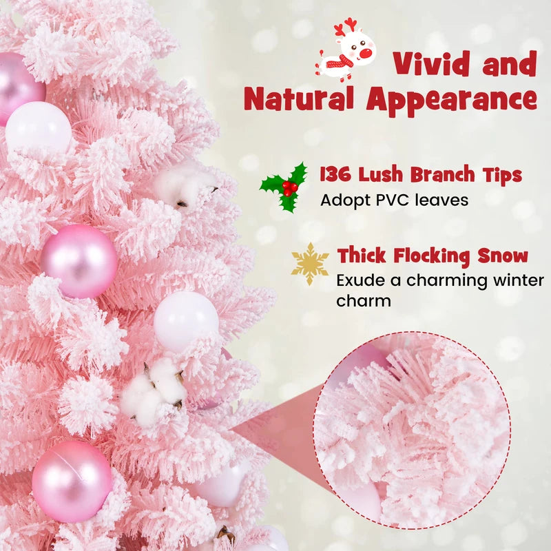 90 CM Artificial Mini Snow Flocked Christmas Tree wiht Natural Cotton Balls-Pink