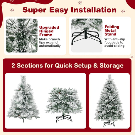 4.5 FT Artificial Xmas Tree with Pine Needles, LED Lights and Pinecones