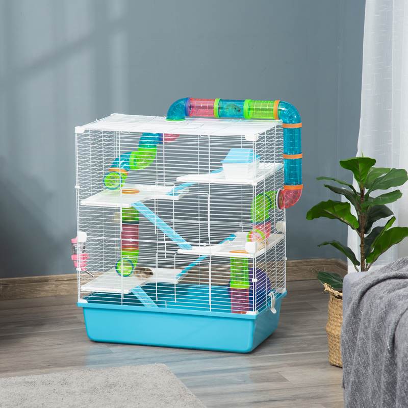 PawHut Hamster Cage w/ Water Bottle, Exercise Wheel, Tubes, Ramps - Light Blue