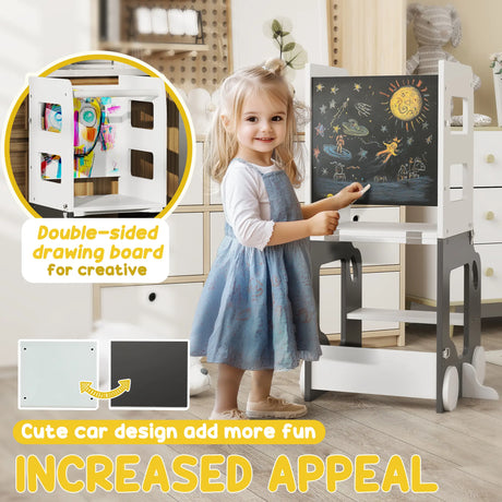 AIYAPLAY Toddler Step Stool, 4 in 1 Standing Tower, Foldable Toddler Step with Safety Rail, for Kitchen, Bathroom, Grey