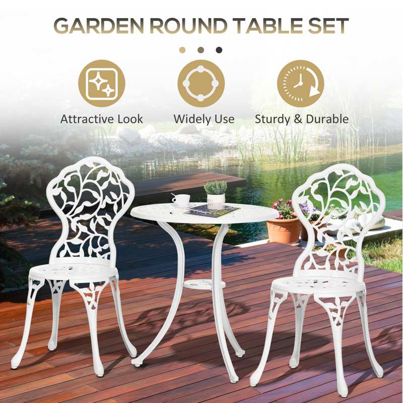 Outsunny 3 Pcs Aluminium Bistro Set Garden Furniture Dining Table Chairs Antique Outdoor Seat Patio Seater White