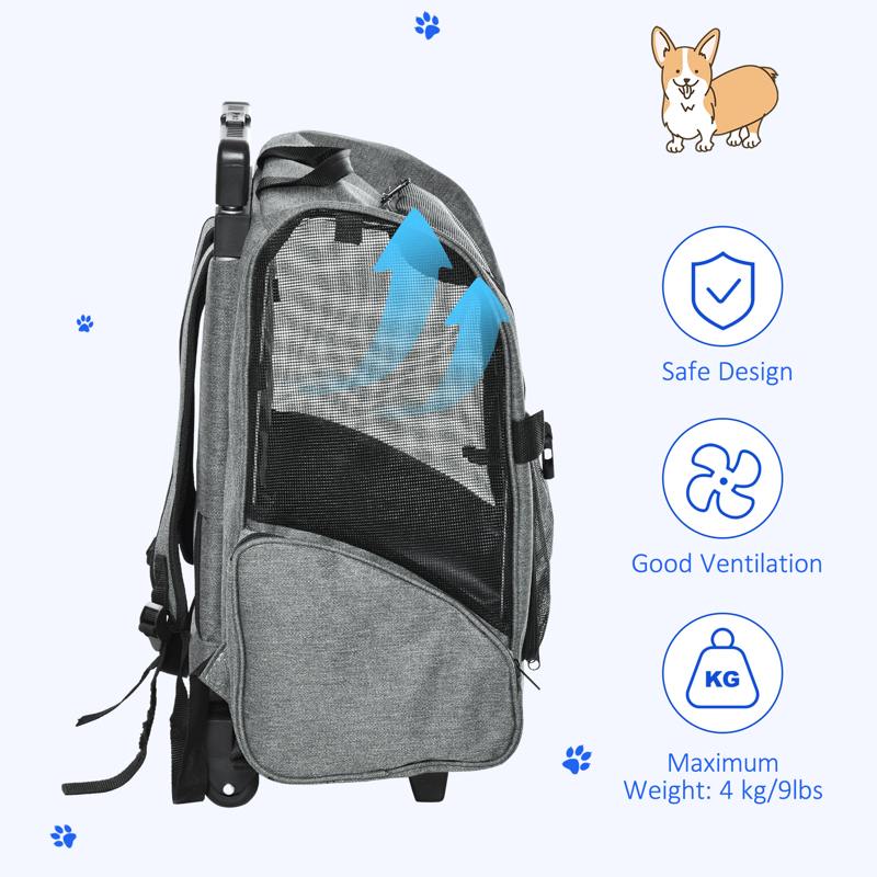 PawHut Pet Travel Backpack Bag Cat Puppy Dog Carrier w/ Trolley and Telescopic Handle Portable Stroller Wheel Luggage Bag (Grey)