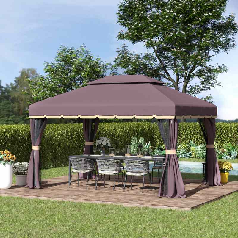 Outsunny 3 x 4m Aluminium Garden Gazebo, Marquee Canopy Shelter Pavilion Party Tent with Nets and Curtains for Garden and Deck, Coffee