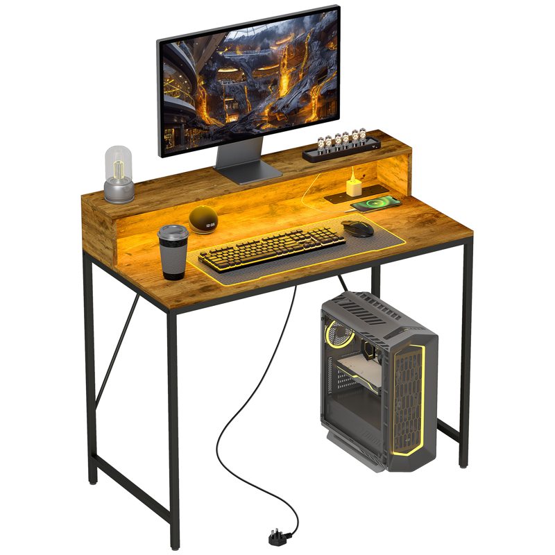 HOMCOM 100cm Computer Desk with LED Lights and Power Outlets, Gaming Desk with Monitor Stand, Computer Table with Remote for Home Office Study, Rustic Brown