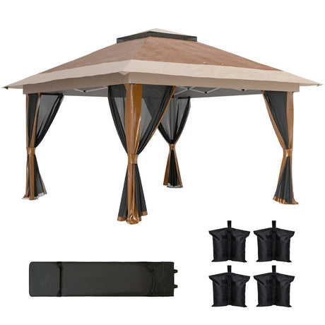 Outsunny 3.6 x 3.6m Pop-Up Gazebo, with Accessories - Brown