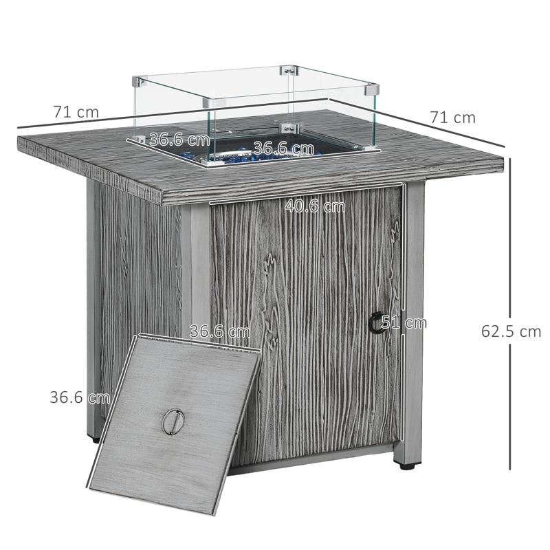 Outsunny 71cm 50,000 BTU Gas Fire Pit Table with Cover and Glass Screen - Grey