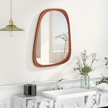 Asymmetrical Abstract Irregular Shaped Wall Mirror with Rustic Frame-Natural