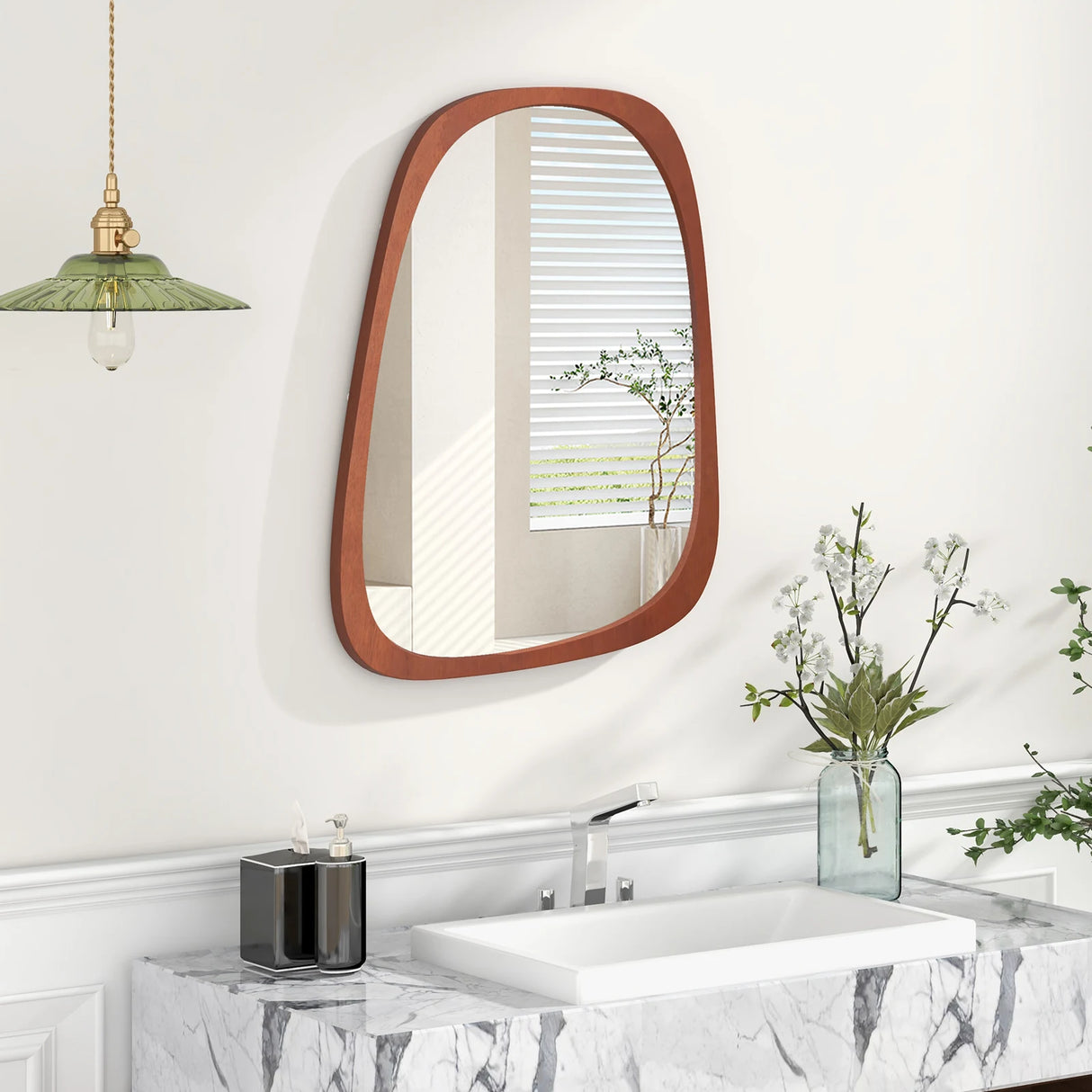 Asymmetrical Abstract Irregular Shaped Wall Mirror with Rustic Frame-Natural