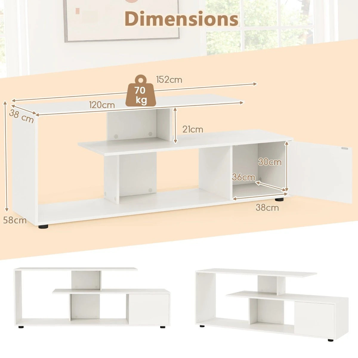 TV stand for TVs up to 55 inches with shelves &amp; cabinet TV cabinet lowboard white