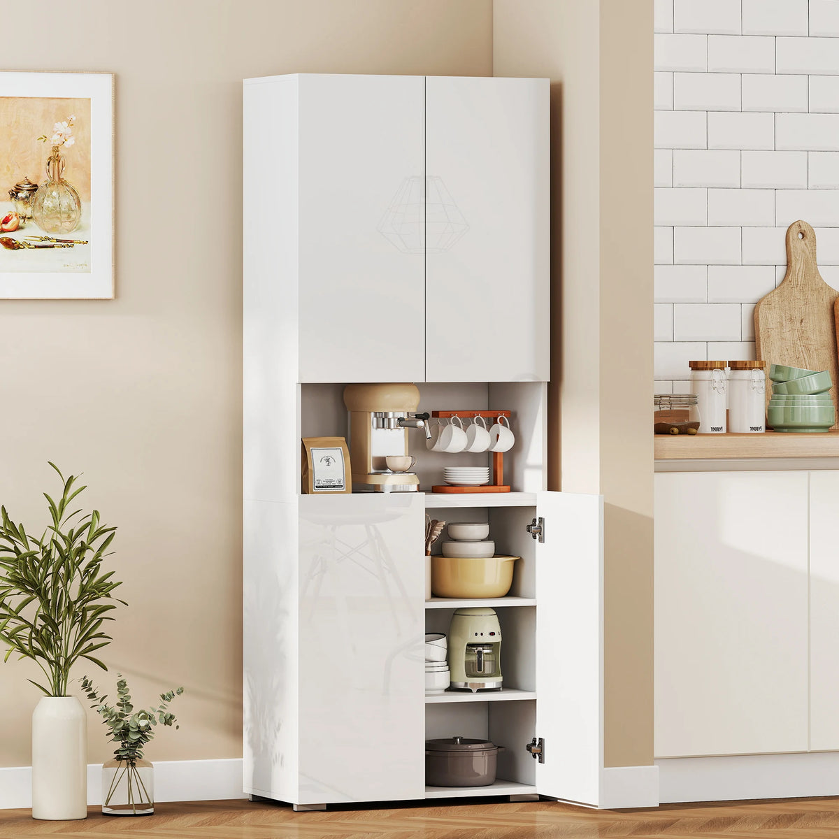 HOMCOM 180 cm Tall Kitchen Cupboard, Pantry Storage Cabinet with Soft Close Doors and Adjustable Shelves, High Gloss White