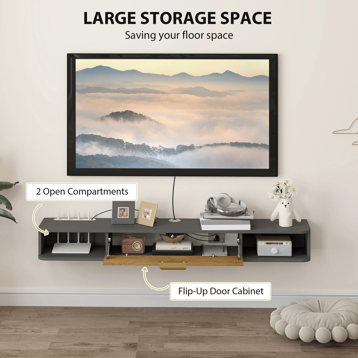 HOMCOM 140 cm Floating TV Stand with Storage - Charcoal Grey