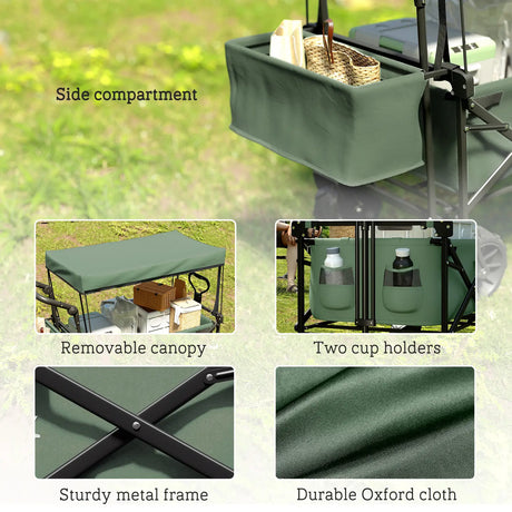 Outsunny Folding Trolley Cart Storage Wagon Beach Trailer 4 Wheels with Handle Overhead Canopy Cart Push Pull for Camping, Green