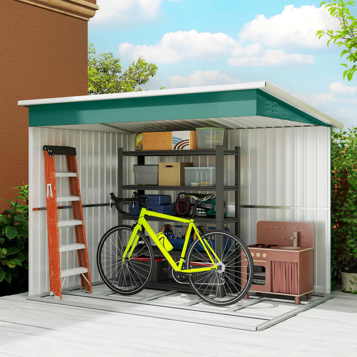 Outsunny 8.5 x 6ft Storage Shed Galvanised Steel Garden Shed, Metal Shed with Foundation Kit, Window, Lockable Wide Doors and Air Vents for Outdoor Patio, Green