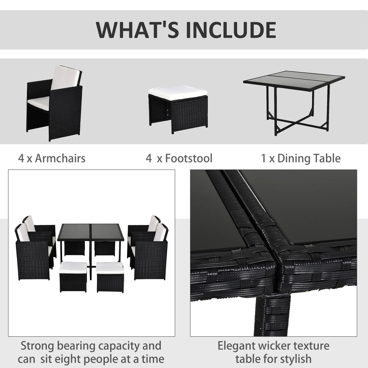 Outsunny 9 Piece Rattan Cube Garden Furniture Dining Set with Armchairs, Footstools and Glass-Top Table, Black