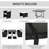 Outsunny 9 Piece Rattan Cube Garden Furniture Dining Set with Armchairs, Footstools and Glass-Top Table, Black