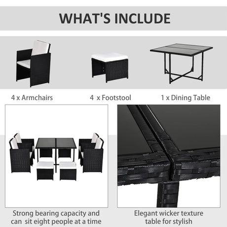 Outsunny 9 Piece Rattan Cube Garden Furniture Dining Set with Armchairs, Footstools and Glass-Top Table, Black