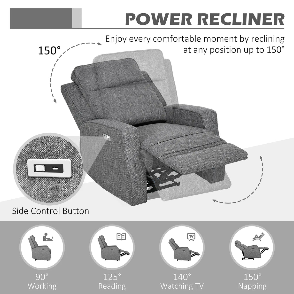 HOMCOM 150 Electric Reclining Chair, with USB port and Footrest - Charcoal Grey