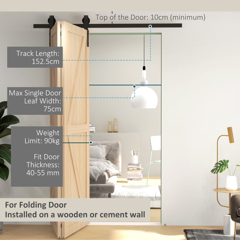 HOMCOM 5ft Bi-Folding Sliding Barn Door Hardware Kit - Black