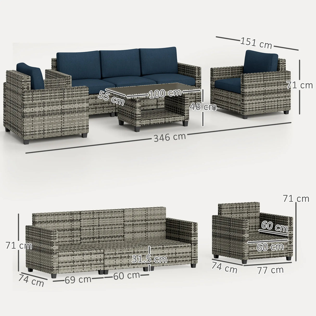 Outsunny Six-Piece Modular Rattan Sofa Set - Navy Blue