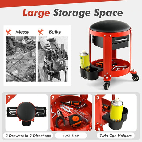 Rolling Mechanic Stool with Removable Padded Seat and Drawers