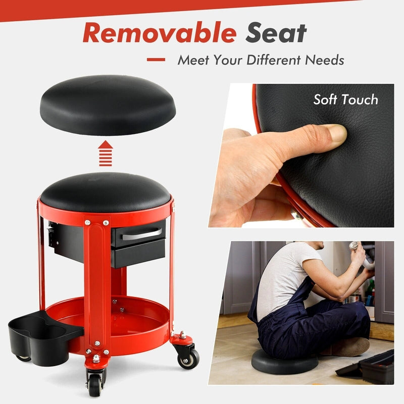 Rolling Mechanic Stool with Removable Padded Seat and Drawers