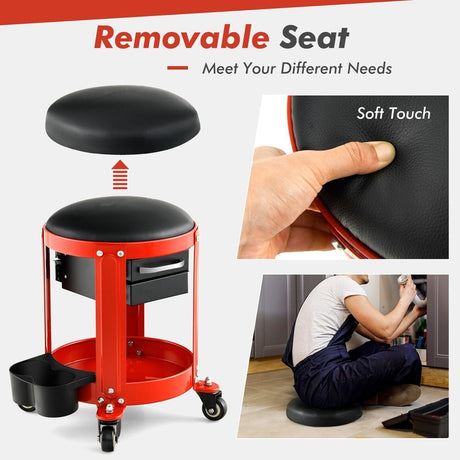 Rolling Mechanic Stool with Removable Padded Seat and Drawers