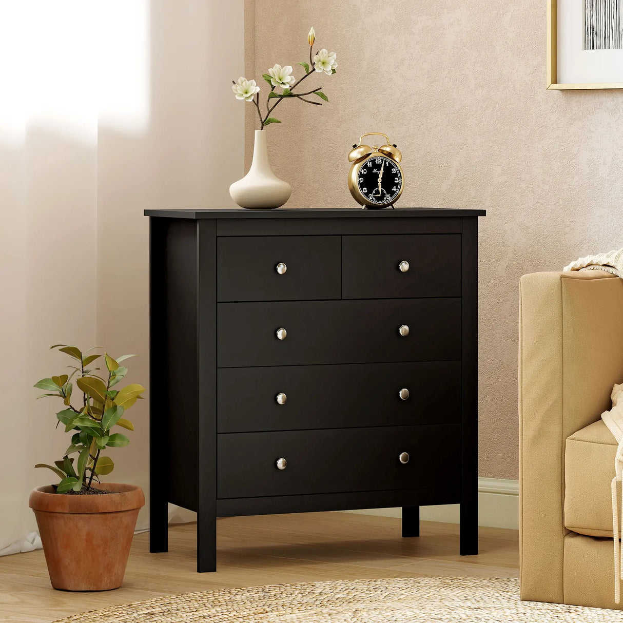HOMCOM 5 Drawer Dresser for Bedroom, Modern Chest of Drawers, Wide Storage Unit for Living Room, Hallway, Black