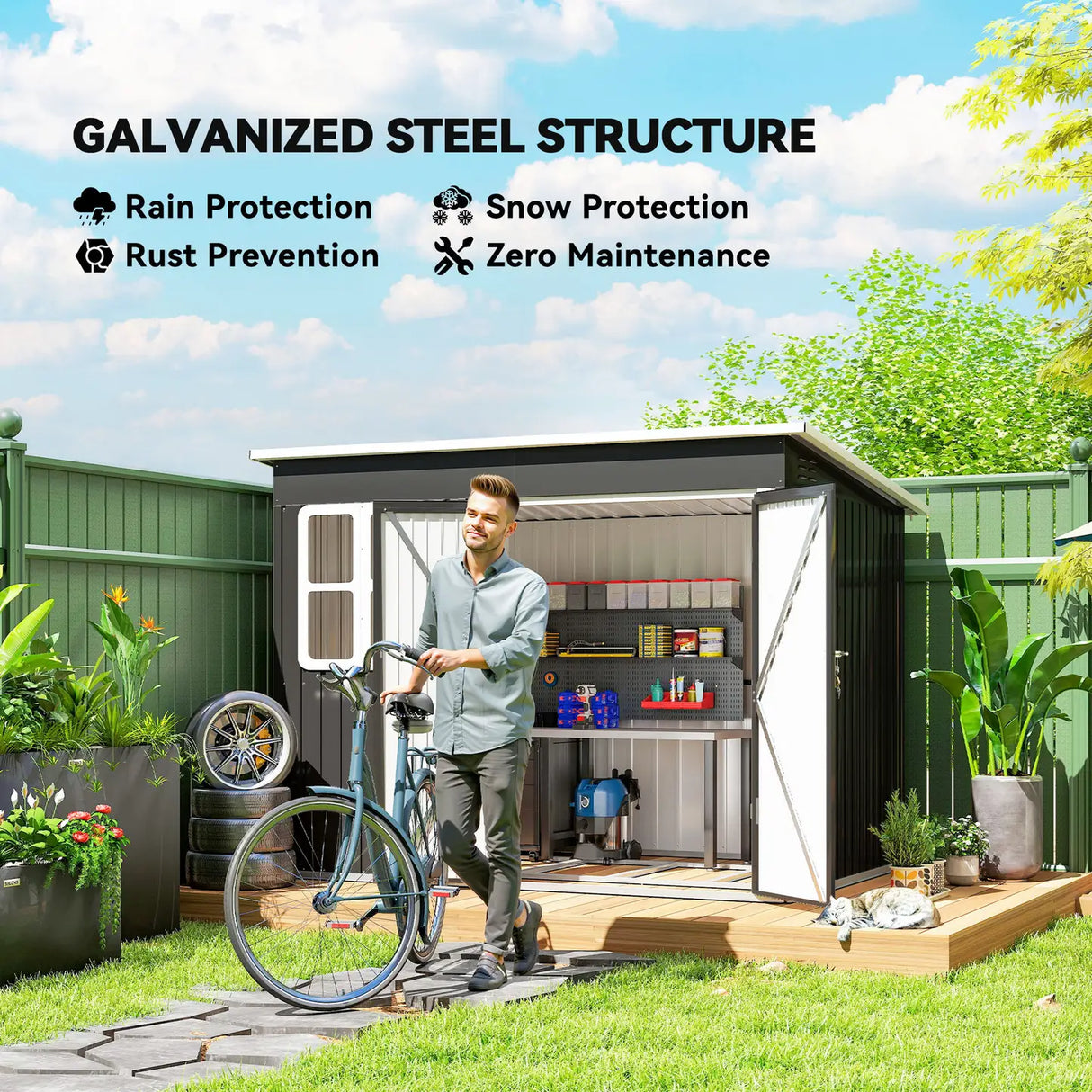 Outsunny 8.5 x 6ft Storage Shed Galvanised Steel Garden Shed, Metal Shed with Foundation Kit, Window, Lockable Wide Doors and Air Vents for Outdoor Patio, Dark Grey
