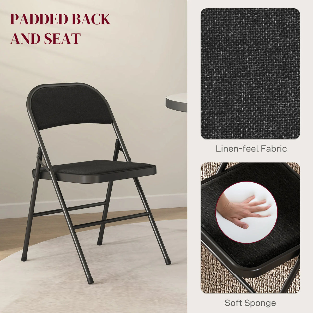 HOMCOM Linen-Look Set of Four Cushioned Folding Chairs - Black
