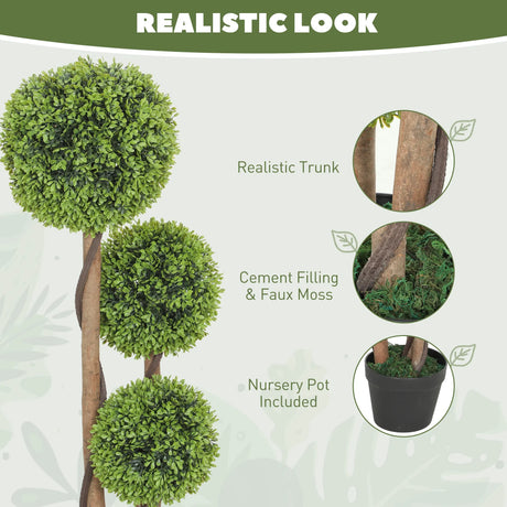 HOMCOM Decorative Artificial Trees Boxwood Ball Topiary Trees Set of 2 in Pot, Fake Plants for Home Indoor Outdoor Decor