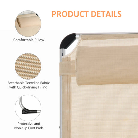 Outsunny Foldable Outdoor Sun Loungers Set of 2, Reclining Lounge Chair Camping Bed Cot with Pillow 4-Level Adjustable Back Aluminium Frame, Khaki