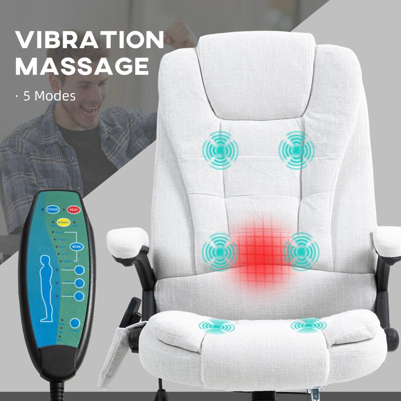 Vinsetto Massage Recliner Chair Heated Office Chair with Six Massage Points Linen-Feel Fabric 360 Swivel Wheels Cream White