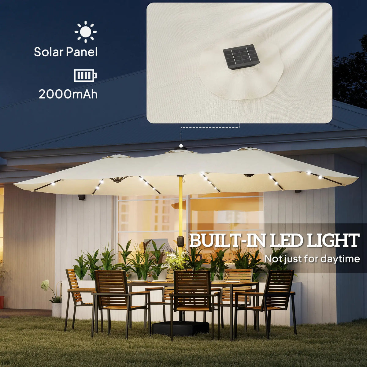 Outsunny Double Sided Garden Parasol with Base Included & 48 Solar LED Lights Patio Umbrella Crank Handle 4.6m Cream White