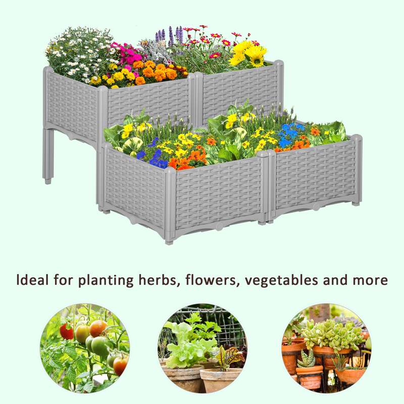 Outsunny 40cm x 40cm x 44cm 26L Set of 4 Garden Raised Bed Elevated Patio Flower Plant Planter Box PP Vegetables Planting Container, Grey