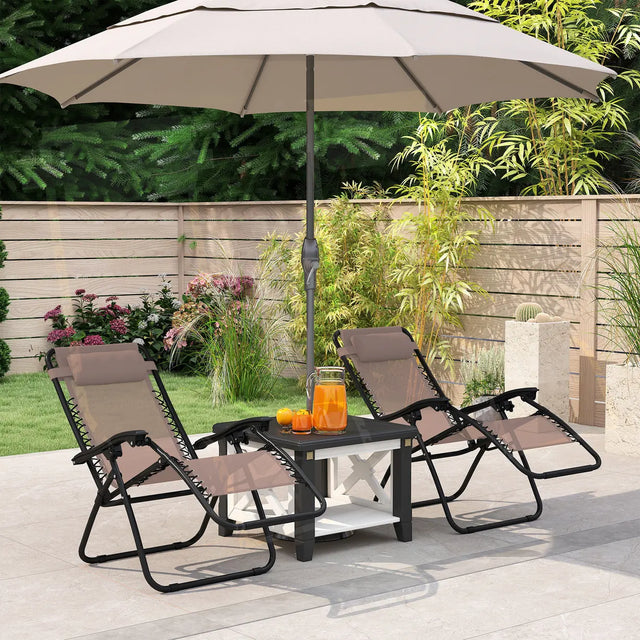 Outsunny Zero Gravity Chair Set of 2, Metal Frame Texteline Armchair Outdoor Folding and Reclining Sun Lounger with Head Pillow for Patio Decking Gardens Camping, Beige