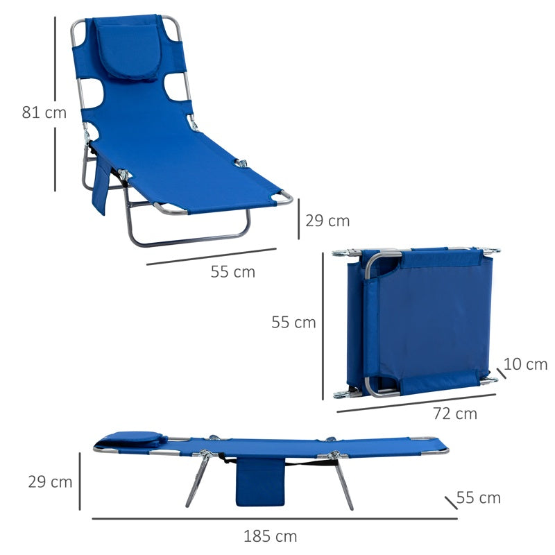 Outsunny 2 Pieces Foldable Sun Lounger with Reading Hole, Portable Sun Lounger with 5 Level Adjustable Backrest, Reclining Lounge Chair with Side Pocket, Headrest Pillow, Blue