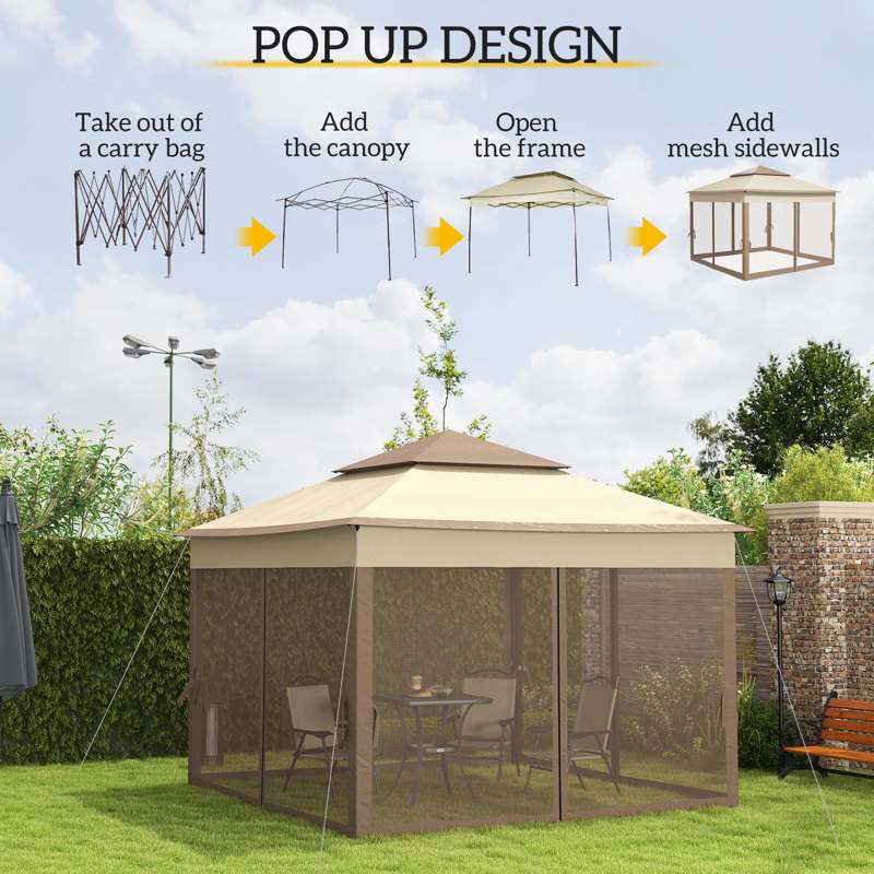 Outsunny 3 x 3(m) Pop Up Gazebo with Netting and Carry Bag, Party Tent Event Shelter for Garden, Patio - Khaki