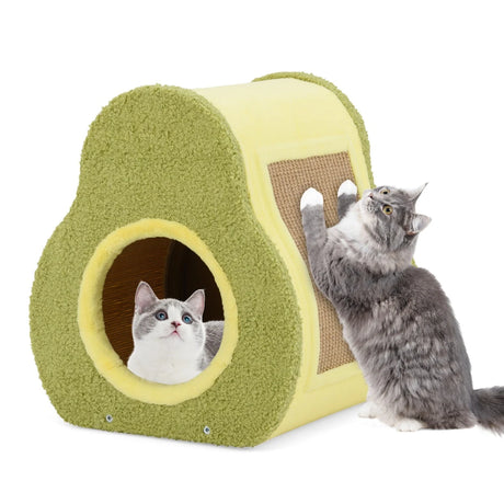 Avocado Shaped Cat House Cute Shelter with Jute Scratching Post Round Cat Hole Compact Condo with Scratching Post 35 x 33 x 40 cm Green