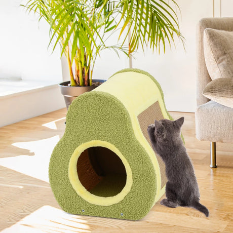 Avocado Shaped Cat House Cute Shelter with Jute Scratching Post Round Cat Hole Compact Condo with Scratching Post 35 x 33 x 40 cm Green