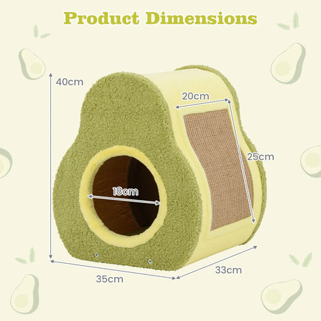 Avocado Shaped Cat House Cute Shelter with Jute Scratching Post Round Cat Hole Compact Condo with Scratching Post 35 x 33 x 40 cm Green