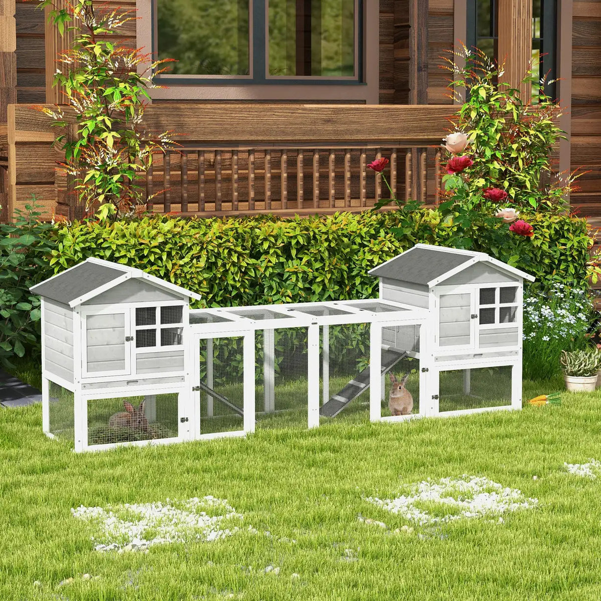 PawHut 2 in 1 Rabbit Hutch Outdoor Guinea Pig Hutch Bunny Run Double Main House with Run, No-Leak Tray 259 x 64 x 92cm, Grey