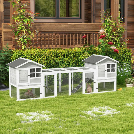 PawHut 2 in 1 Rabbit Hutch Outdoor Guinea Pig Hutch Bunny Run Double Main House with Run, No-Leak Tray 259 x 64 x 92cm, Grey