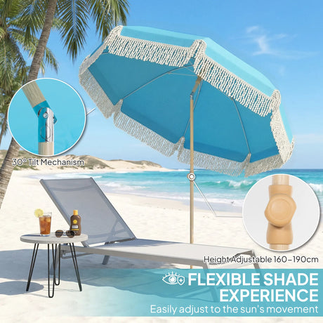 Outsunny 1.7 m Beach Umbrella with Sand Anchor, 30 Tilting Fringed Beach Garden Parasol with Adjustable Height, Grey