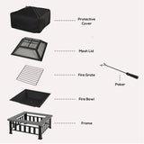 Outsunny Metal Large Firepit Outdoor Square Fire Pit Brazier with Rain Cover, Lid, Log Grate, Poker for Backyard, Camping, BBQ, Bonfire, Wood Burning Stove, 86 x 86 x 54cm, Black