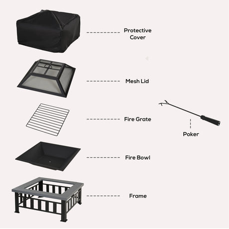 Outsunny Metal Large Firepit Outdoor Square Fire Pit Brazier with Rain Cover, Lid, Log Grate, Poker for Backyard, Camping, BBQ, Bonfire, Wood Burning Stove, 86 x 86 x 54cm, Black