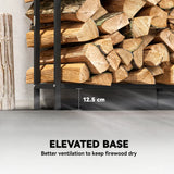 Outsunny 6.5 FT Steel Firewood Log Rack with 300 kg Capacity, Heavy Duty Indoor Outdoor Fireplace Wood Storage Shelf, Log Holder/Stand with Extra Support Legs, Decorative Bonfire Pattern, Black