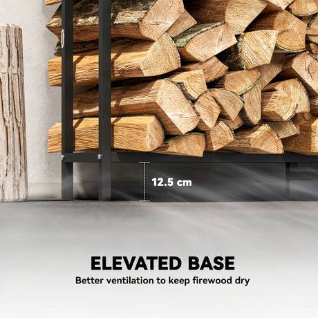Outsunny 6.5 FT Steel Firewood Log Rack with 300 kg Capacity, Heavy Duty Indoor Outdoor Fireplace Wood Storage Shelf, Log Holder/Stand with Extra Support Legs, Decorative Bonfire Pattern, Black