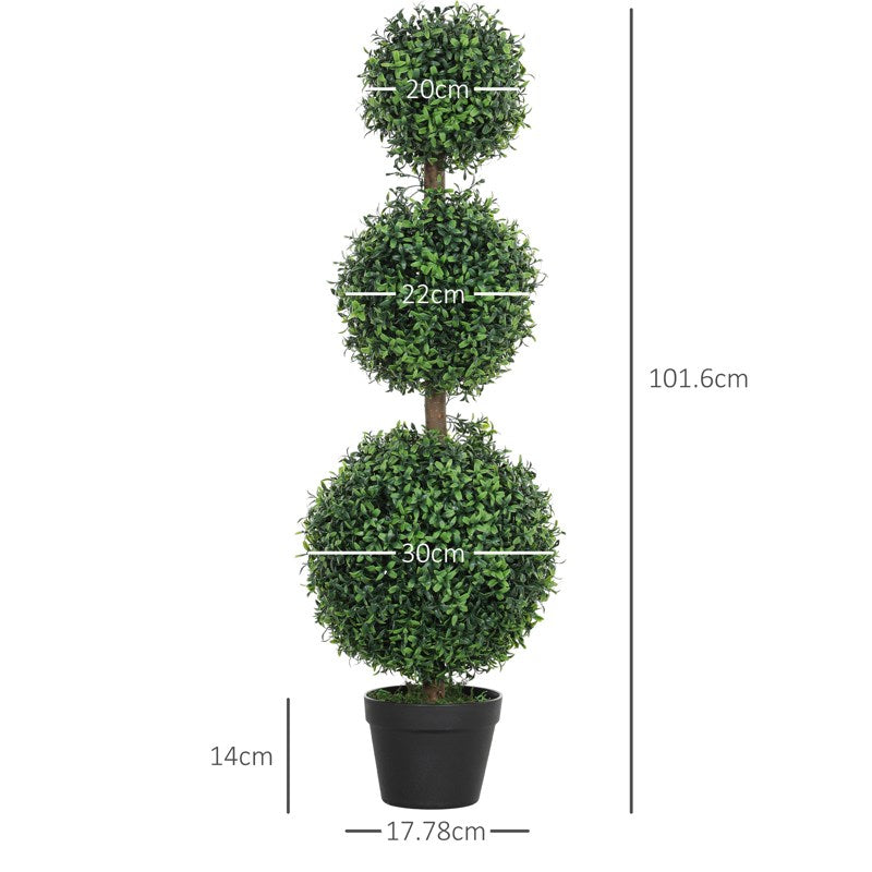 HOMCOM Set of 2 Decorative Artificial Plants, Topiary Ball-shaped Boxwood Trees in Pot, Fake Plants for Home Indoor outdoor Decor, 100cm, Green