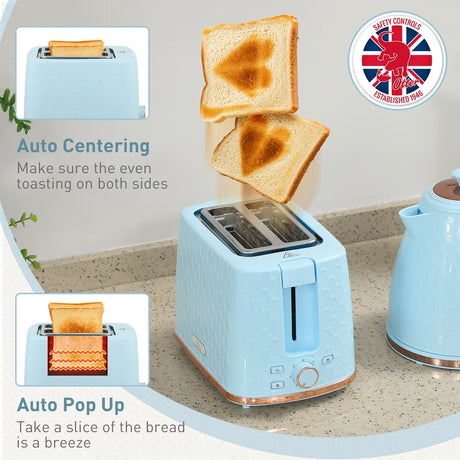 HOMCOM 1.7L 3000W Fast Boil Kettle & 2 Slice Toaster Set, Kettle and Toaster Set with Auto Shut Off, Browning Controls, Light Blue