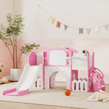 AIYAPLAY 7 in 1 Toddler Slide Set with Basketball Hoop, Climbing Frame, Telescope, Drawing Board, Storage Box, Pink
